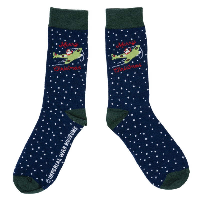 santa in a spitfire 2021 christmas socks design blue and green